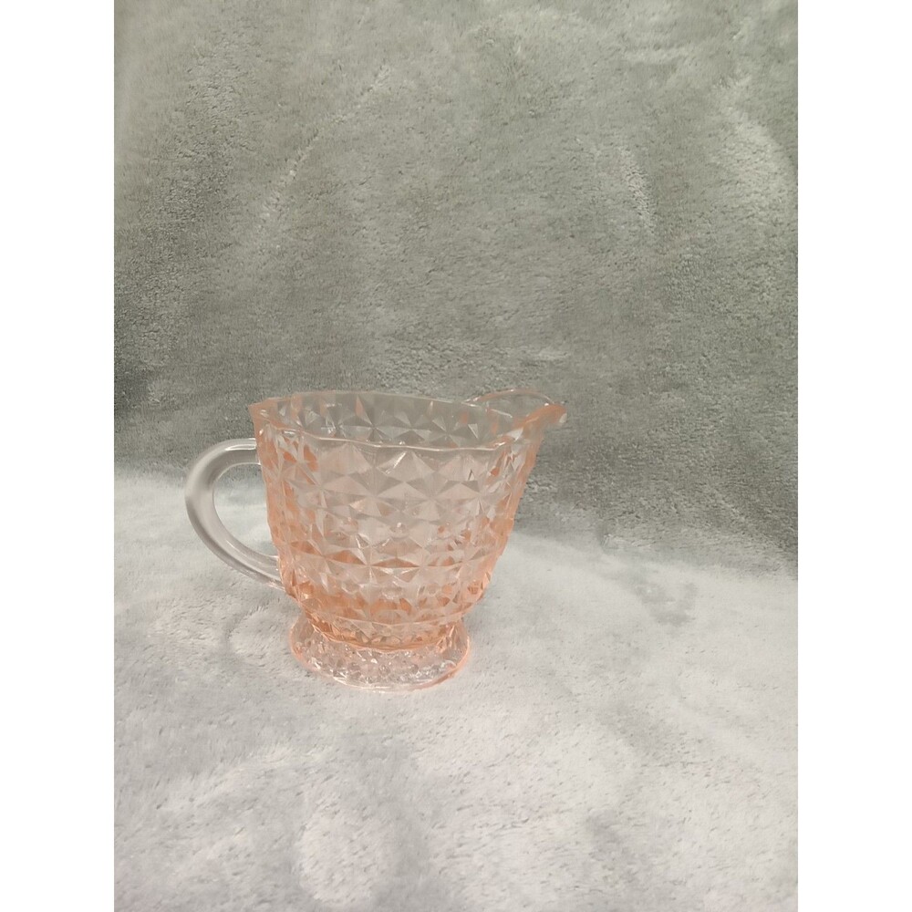 Vintage Pink Glass Creamer, Jeanette, Holiday Pink/Buttons and Bows,‎ 3.5” tall